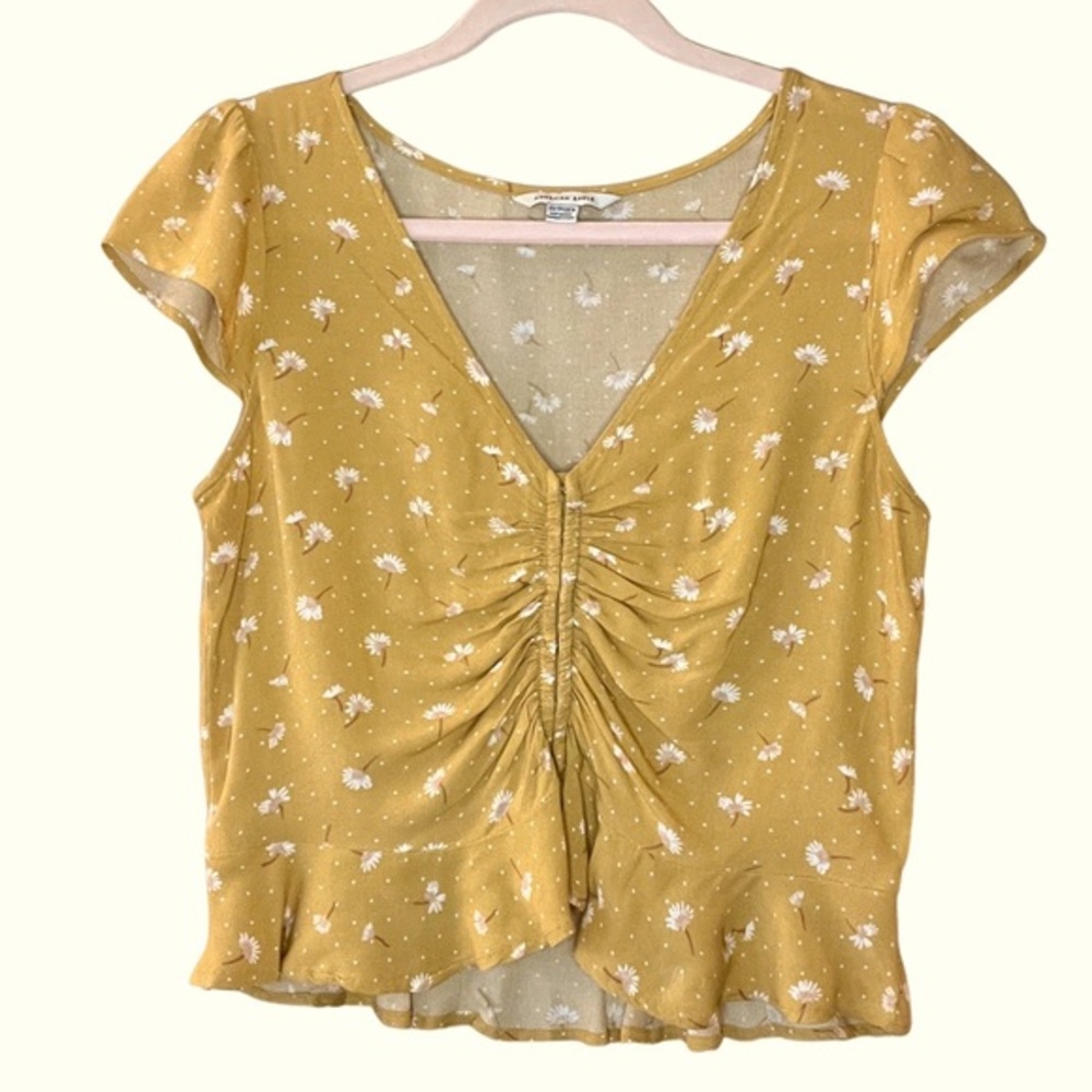 Mustard Yellow Cropped V-Neck Blouse with Peplum Waist